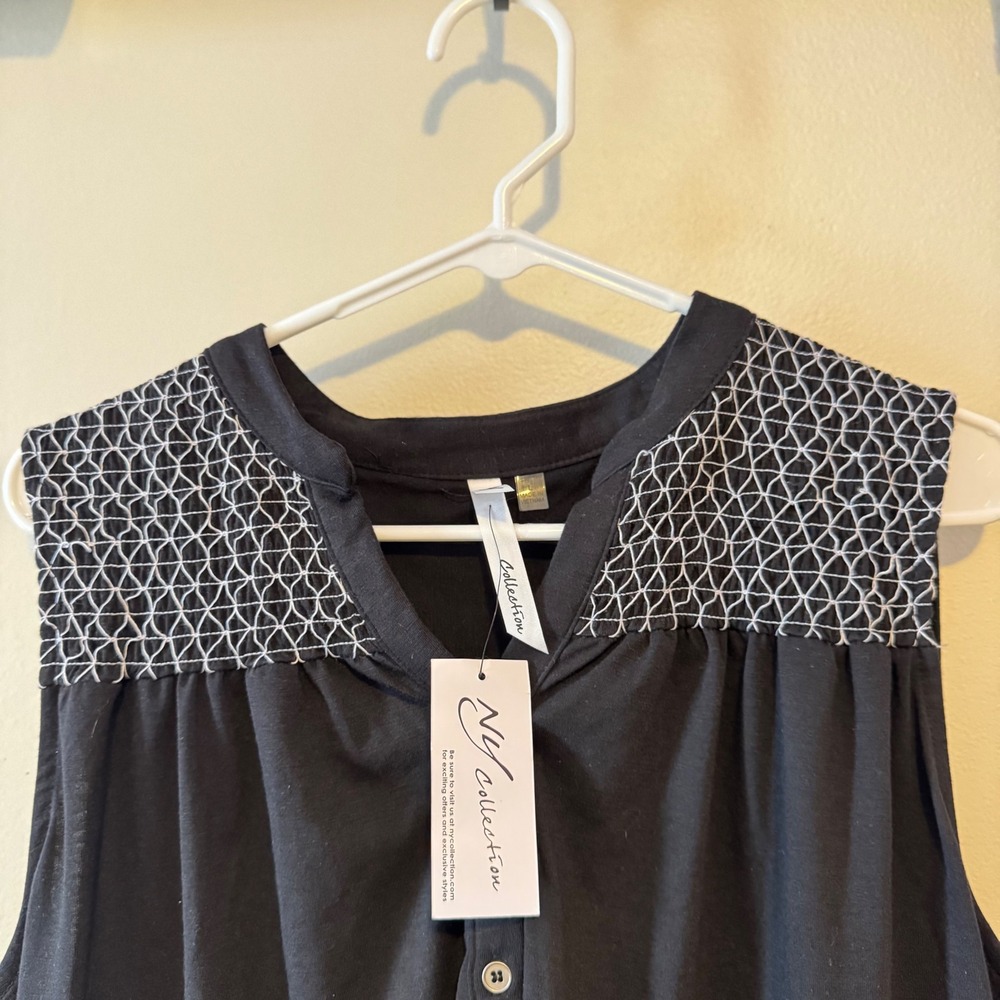 NY Collection Black Sleeveless Embroidered Yoke Button Front Top Women